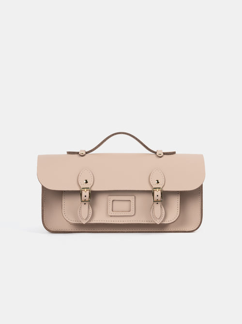 Front Shot of Long Leather Satchel with Magnetic Closure in Biscuit