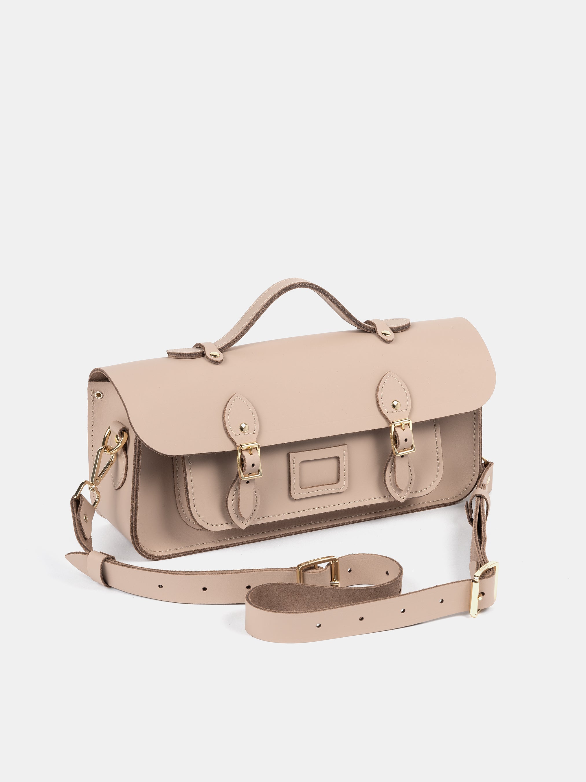Angle shot of Long Leather Satchel with Magnetic Closure in Biscuit