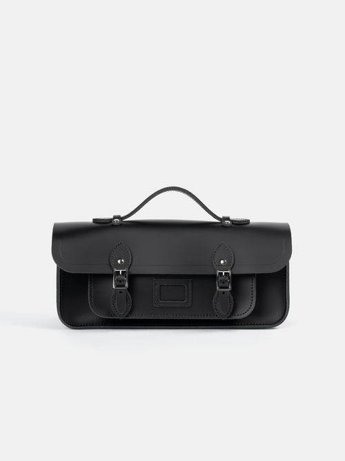 Front shot of Long Leather Satchel with Magnetic Closure in Black