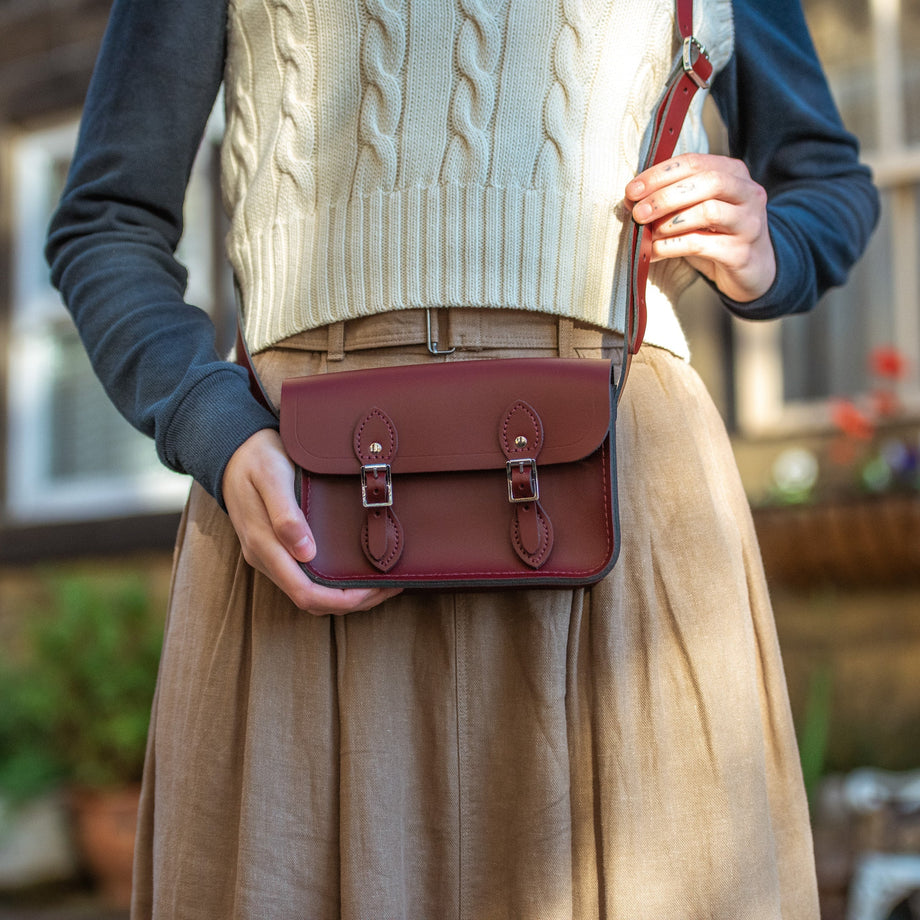 Close up of a Cambridge Satchel small leather satchel