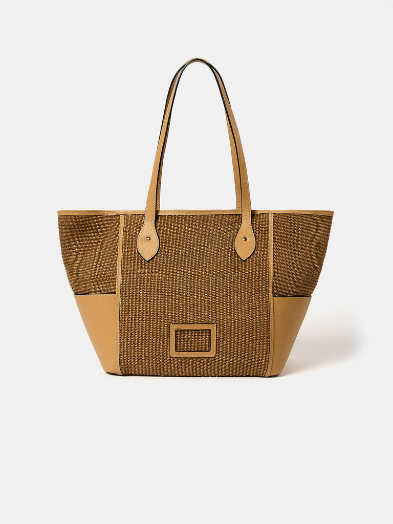 Raffia Tote Raffia & Madras Grain Leather