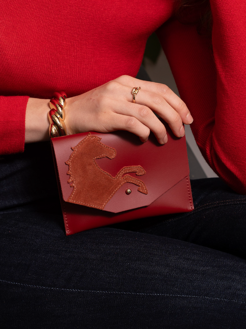 The Year of the Horse Money Purse - Red with Rust Suede Horse