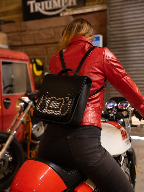 The Small Portrait Backpack - Black Celtic Grain & Harris Tweed® Houndstooth Tartan - Cambridge Satchel