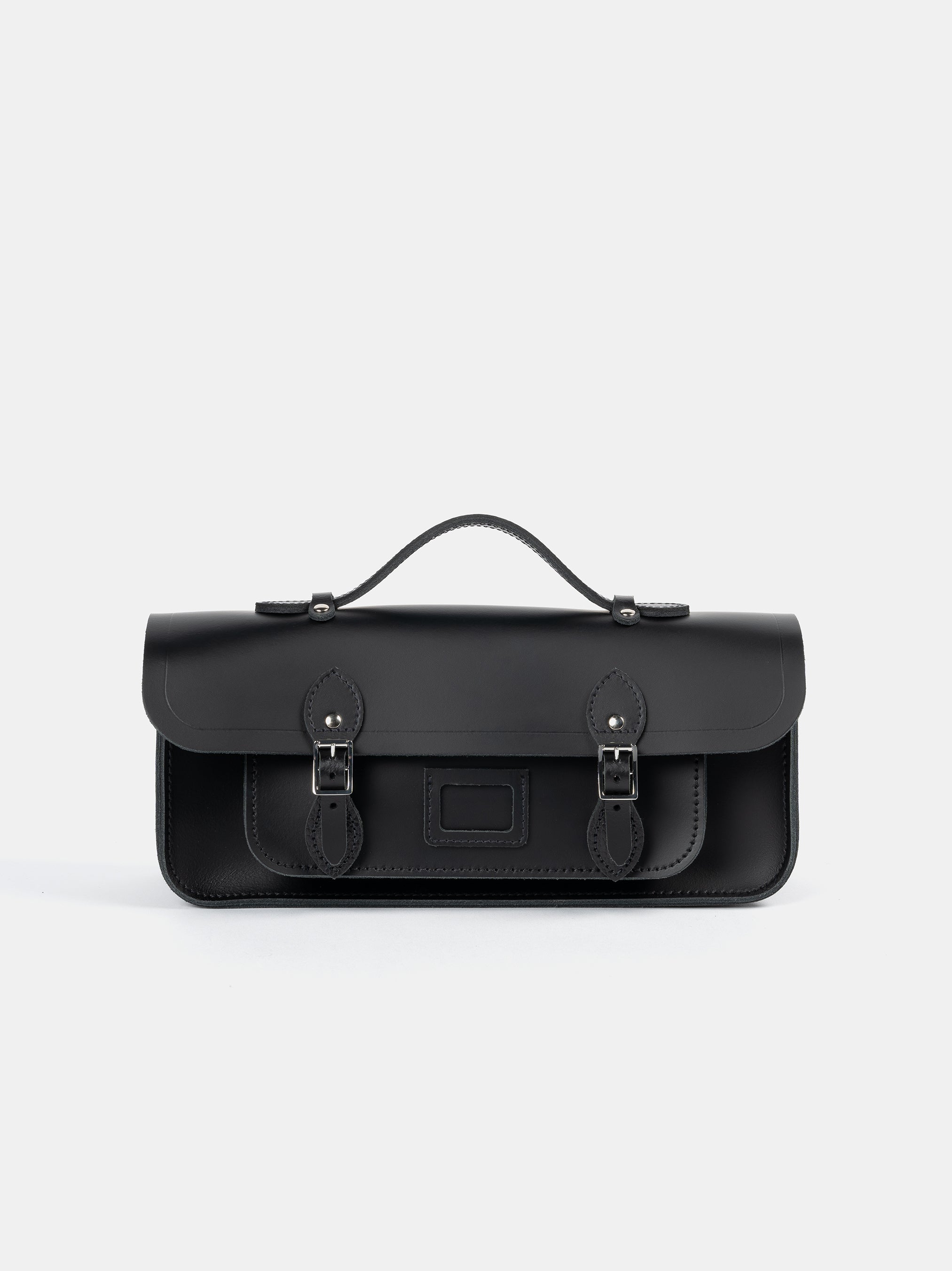 Front shot of Long Leather Satchel with Magnetic Closure in Black