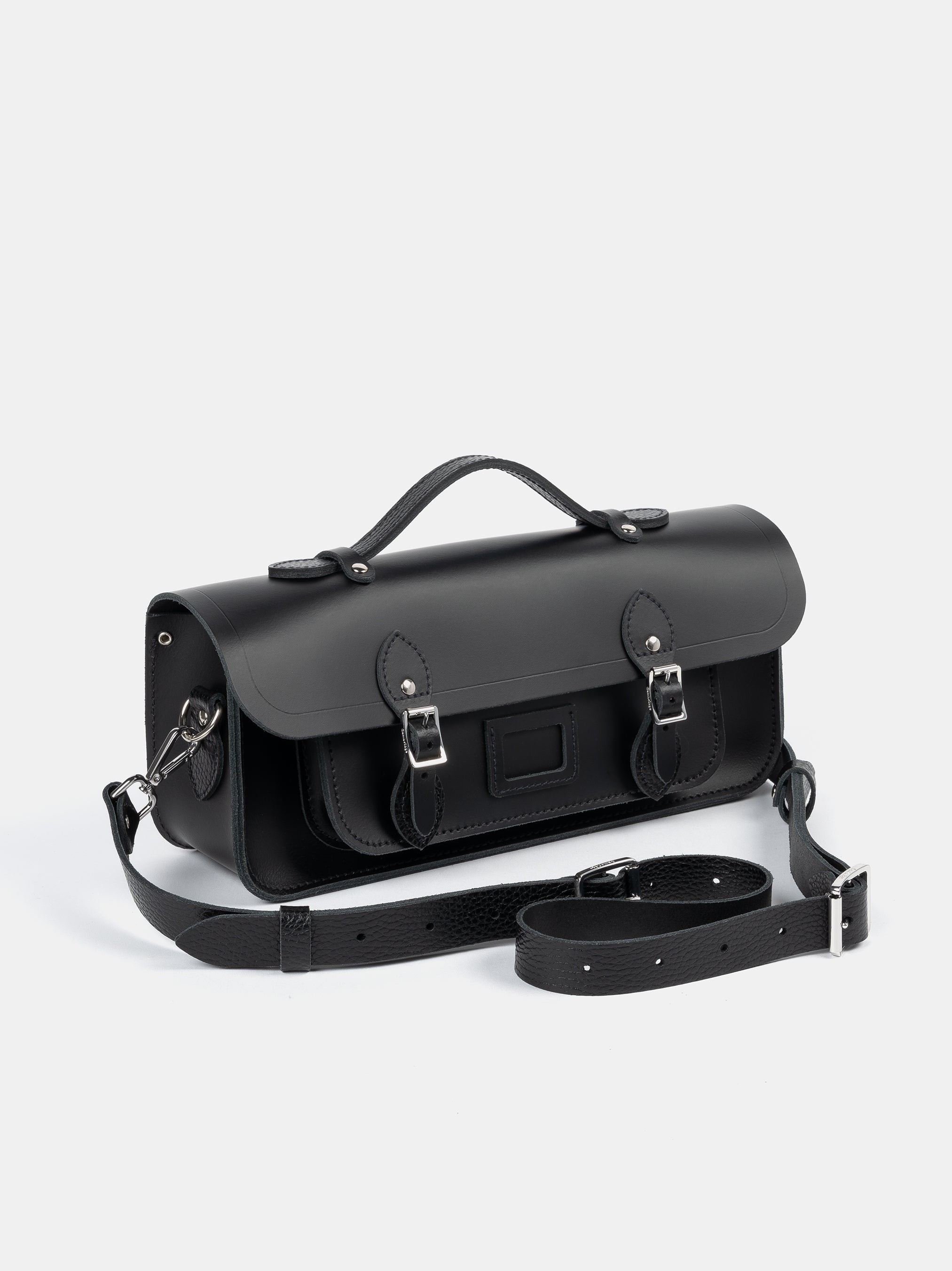 Angle shot of Long Leather Satchel with Magnetic Closure in Black