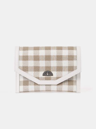 The Twist Lock Pouch - Taupe Plaid & Brilliant White