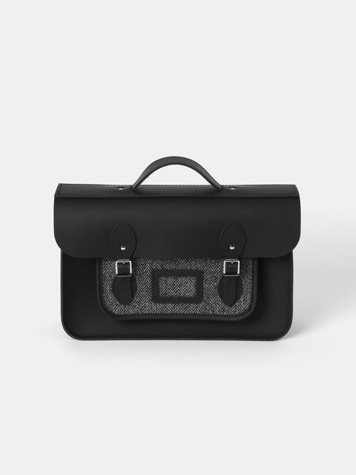The 15 Inch Batchel - Black Matte with Herringbone Tweed - The Cambridge Satchel Company UK Store