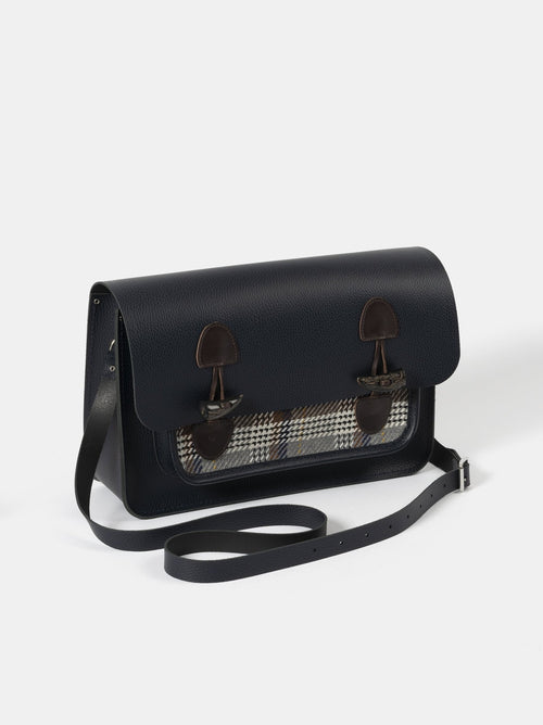 The Messenger - Navy Celtic Grain & Gloverall Tan Check - The Cambridge Satchel Co.